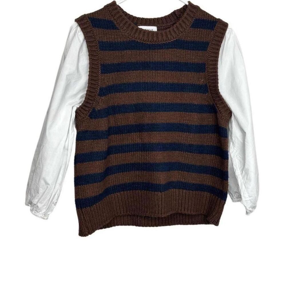 Evereve Brown and Navy Striped Sweater Vest with White Sleeves, Med